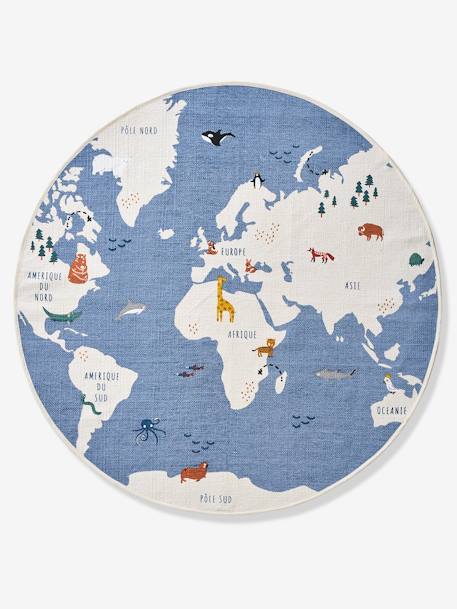 Round World Map Rug Blue 