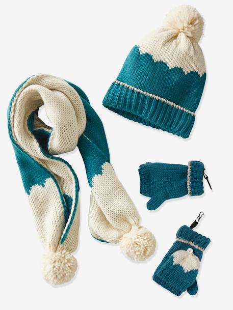 Beanie + Scarf + Mittens/Fingerless Gloves Set for Girls Blue 