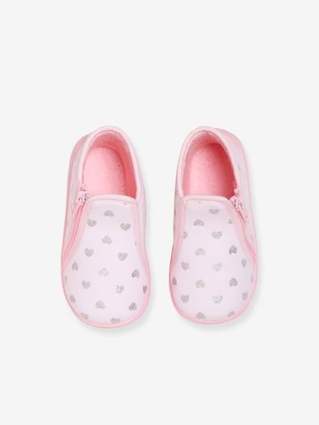 Pram Shoes with Zip, Made in France, for Baby Girls Light Pink/Print 