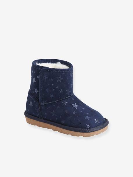 Fur Lined Boots for Baby Girls Dark Blue/Print+Tan 