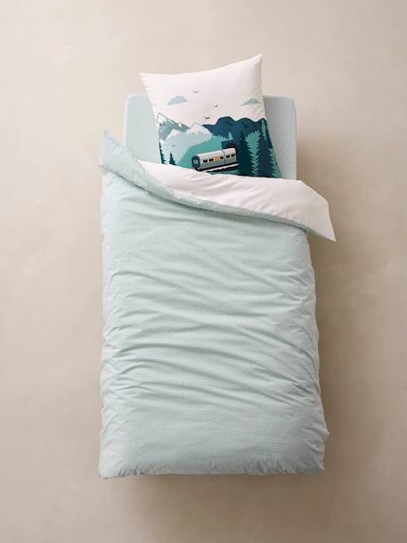 Children's Duvet Cover + Pillowcase Set, Sur les Rails Green 