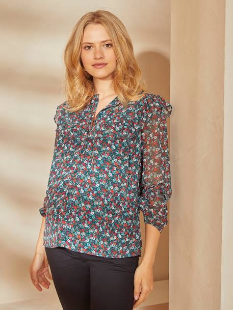 Floral Crêpe Blouse, Maternity & Nursing Special Dark Green/Print 