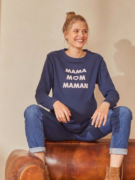 Maternity & Nursing Special Fleece Sweatshirt with Message Dark Blue 