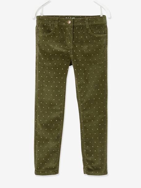 MorphologiK Slim Leg Corduroy Trousers with Iridescent Dots for Girls, Wide Hip Green/Print 
