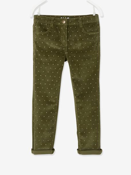 MorphologiK Slim Leg Corduroy Trousers with Iridescent Dots for Girls, Wide Hip Green/Print 