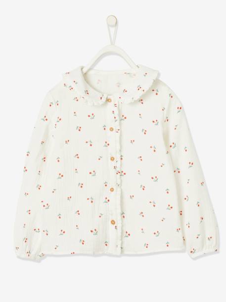 Blouse with Frilly Details in Cotton Gauze for Girls cappuccino+White/Print 