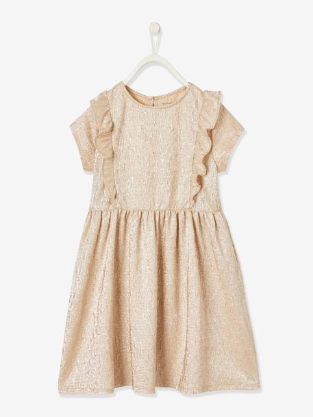 Occasion Wear Dress in Fancy Iridescent Fabric, for Girls pale pink+Shimmery Beige 