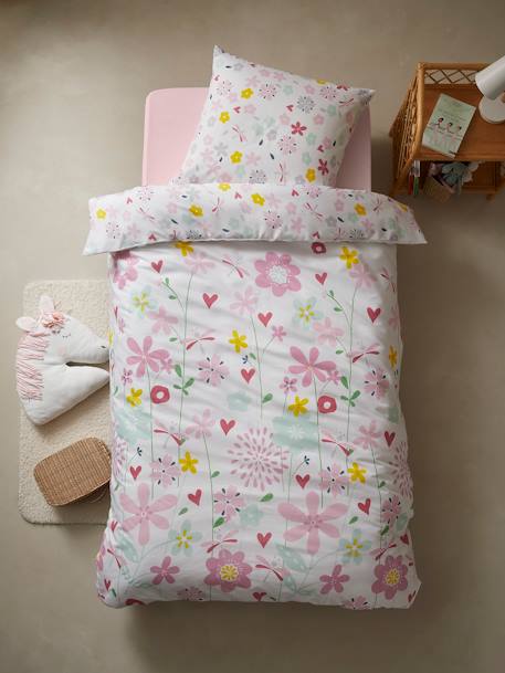 Duvet Cover + Pillowcase Set for Children, Flowers and Dragonflies Theme White 