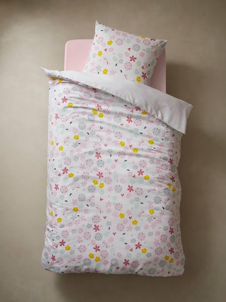 Duvet Cover + Pillowcase Set for Children, Flowers and Dragonflies Theme White 