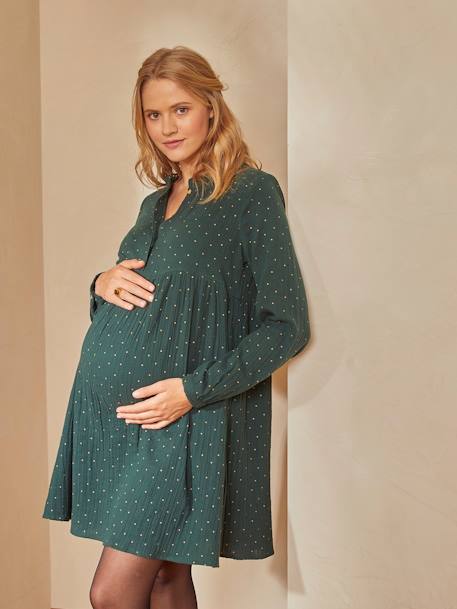 Dress in Printed Cotton Gauze, Maternity & Nursing Special BLACK DARK ALL OVER PRINTED+Dark Green+GREY DARK ALL OVER PRINTED 