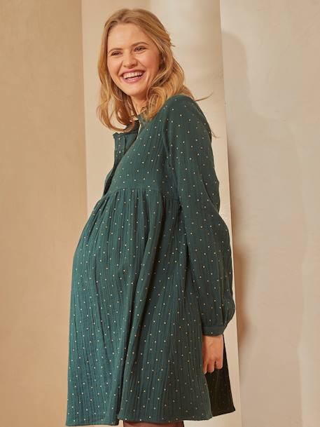 Dress in Printed Cotton Gauze, Maternity & Nursing Special BLACK DARK ALL OVER PRINTED+Dark Green+GREY DARK ALL OVER PRINTED 