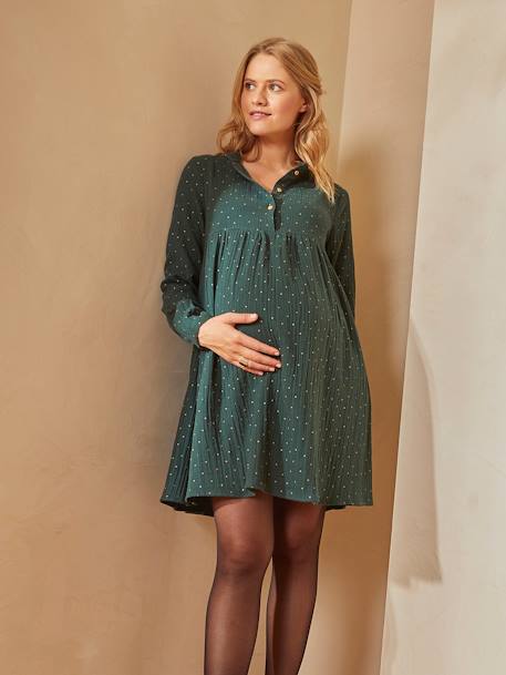 Dress in Printed Cotton Gauze, Maternity & Nursing Special BLACK DARK ALL OVER PRINTED+Dark Green+GREY DARK ALL OVER PRINTED 