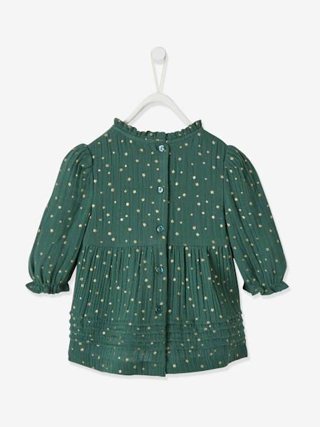 Cotton Gauze Dress with Asymmetric Fastening, for Babies Dark Green/Print+Dark Red/Print 