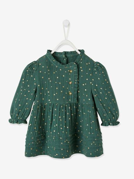 Cotton Gauze Dress with Asymmetric Fastening, for Babies Dark Green/Print+Dark Red/Print 