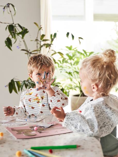 Smock-Like Bib with Long Sleeves Blue Checks+multicoloured+White Stripes+White/Print 