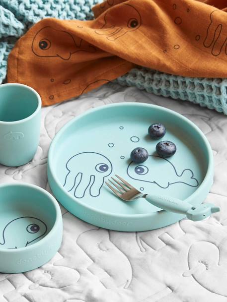 3-Piece Sea Friends Dinner Set in Silicone, DONE BY DEER BLUE LIGHT SOLID WITH DESIGN+PINK LIGHT SOLID WITH DESIGN 