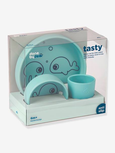 3-Piece Sea Friends Dinner Set in Silicone, DONE BY DEER BLUE LIGHT SOLID WITH DESIGN+PINK LIGHT SOLID WITH DESIGN 