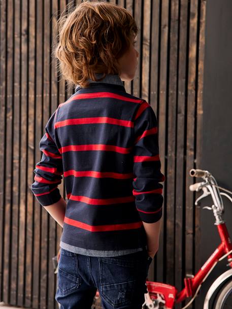 Striped 2-in-1 Effect Polo Shirt, for Boys English green+navy blue+Red Stripes 