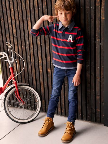 Striped 2-in-1 Effect Polo Shirt, for Boys navy blue+Red Stripes 