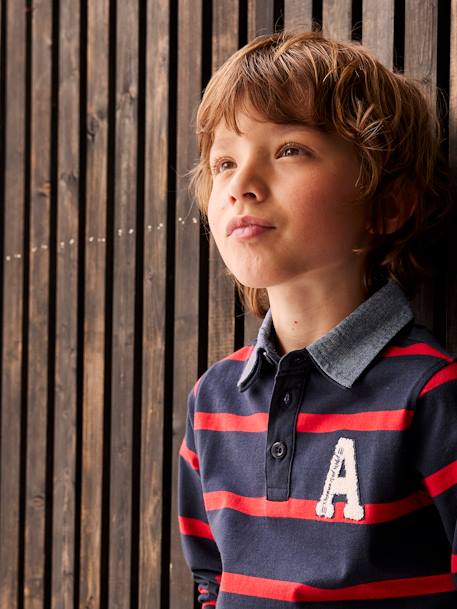 Striped 2-in-1 Effect Polo Shirt, for Boys navy blue+Red Stripes 