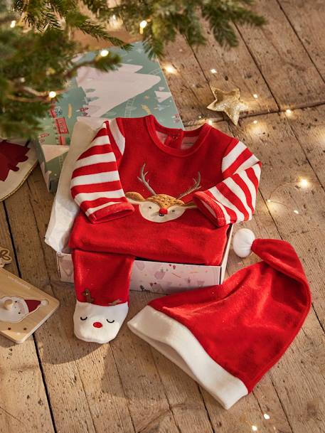 Christmas Gift Set for Babies: Velour Sleepsuit + Beanie Dark Red 