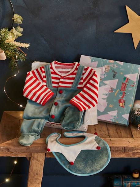 Christmas Gift Set for Babies: Velour Sleepsuit + Bib Dark Green 