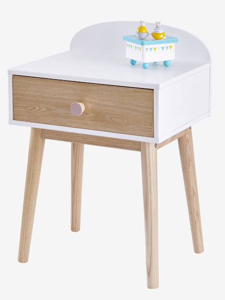 Bedside Table with Pulls, Confetti Theme Light Green+Light Pink+WHITE MEDIUM SOLID WITH DESIGN 