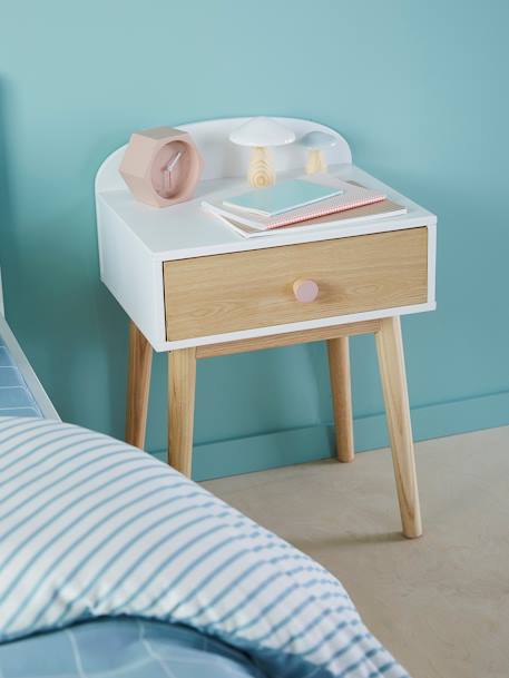 Bedside Table with Pulls, Confetti Theme Light Green+Light Pink+WHITE MEDIUM SOLID WITH DESIGN 