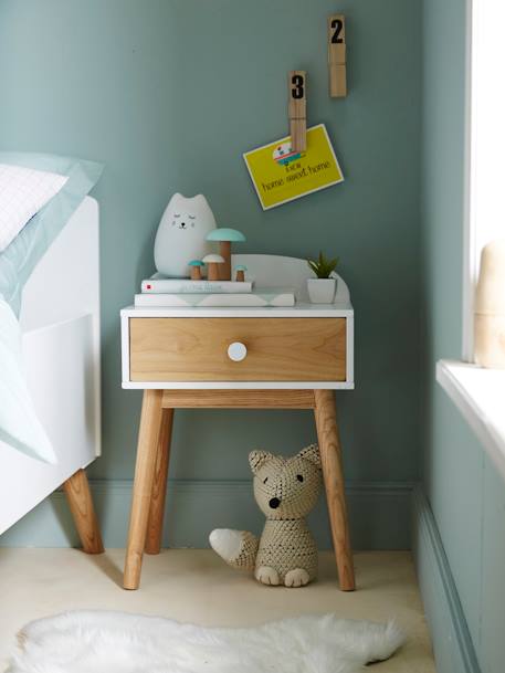 Bedside Table with Pulls, Confetti Theme Light Green+Light Pink+WHITE MEDIUM SOLID WITH DESIGN 