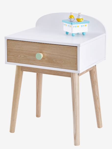 Bedside Table with Pulls, Confetti Theme Light Green+Light Pink+WHITE MEDIUM SOLID WITH DESIGN 