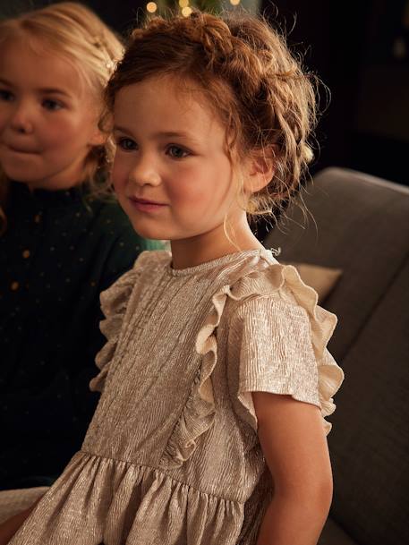 Occasion Wear Dress in Fancy Iridescent Fabric, for Girls pale pink+Shimmery Beige 