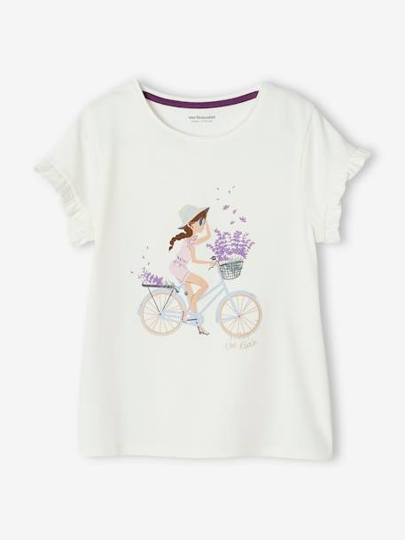 T-Shirt with Bicycle Motif for Girls aqua green+ecru+pale pink+rosy+WHITE MEDIUM SOLID WITH DESIGN 