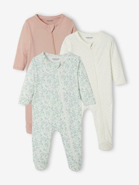 Pack of 3 Sleepsuits in Jersey Knit for Babies WHITE LIGHT TWO COLOR/MULTICOL 