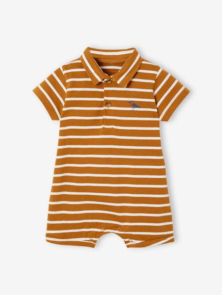 Baby Boys' Beach Playsuit with Polo Shirt Collar BROWN MEDIUM STRIPED+Dark Blue Stripes 