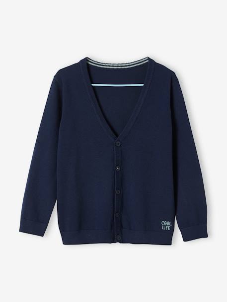 V-Neck Cardigan, 'cool life' Embroidery, for Boys BLUE DARK SOLID 