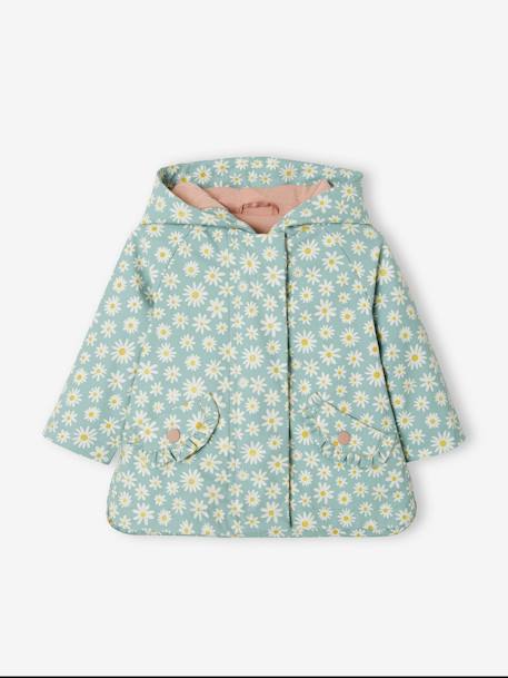 Hooded Raincoat for Baby Girls ecru+GREEN MEDIUM ALL OVER PRINTED 