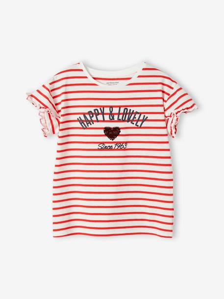 Striped T-Shirt, Sequinned Heart, for Girls navy blue+striped blue+WHITE MEDIUM STRIPED 