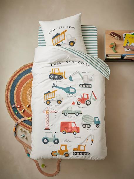 Duvet Cover & Pillowcase Set for Children, Work in Progress WHITE LIGHT SOLID WITH DESIGN 