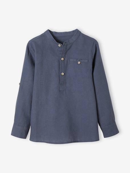 Mandarin collar shirt in linen blend - Sky Blue
