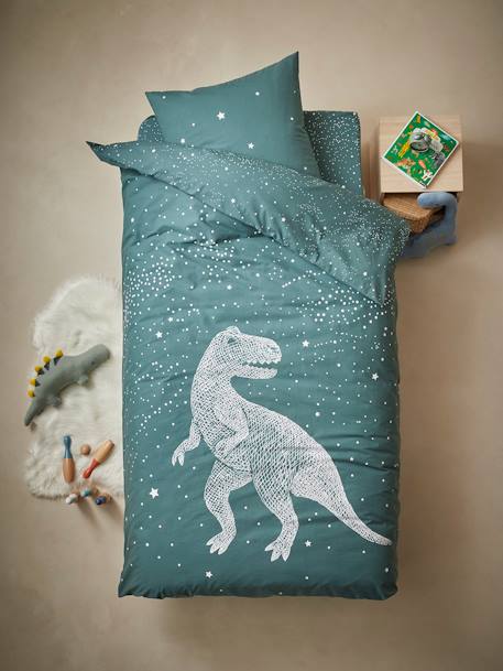 Duvet Cover + Pillowcase Set with Glow-in-the-Dark Details, Graphic Dino GREEN DARK SOLID WITH DESIGN 