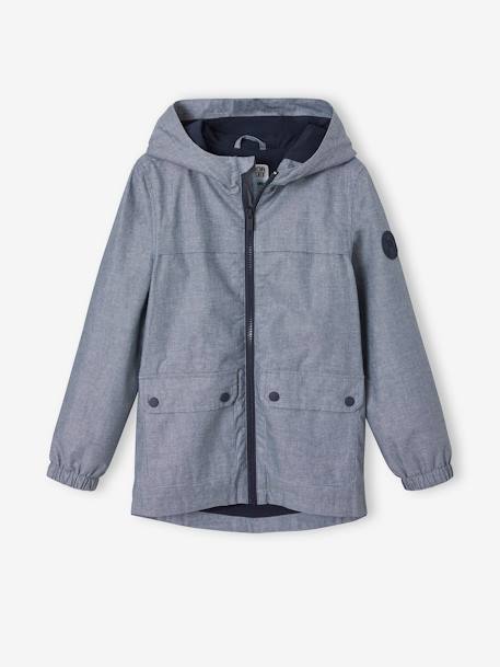 Water-Repellent Windcheater with Hood, in Chambray, for Boys BLUE MEDIUM SOLID WITH DESIGN 