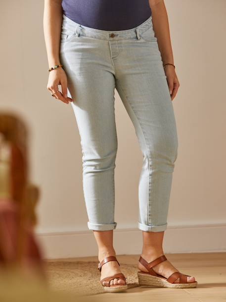 7/8 Straight Leg Jeans with Seamless Belly Band for Maternity BLUE DARK SOLID+BLUE LIGHT SOLID 