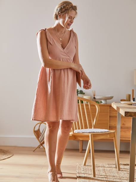 Short Cotton Gauze Dress, Maternity & Nursing Special PINK LIGHT SOLID 