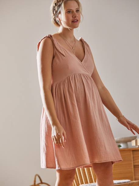 Short Cotton Gauze Dress, Maternity & Nursing Special PINK LIGHT SOLID 