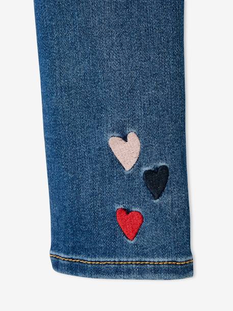 Embroidered Denim-Effect Treggings in Fleece for Girls BLUE MEDIUM SOLID WITH DESIGN+double stone 