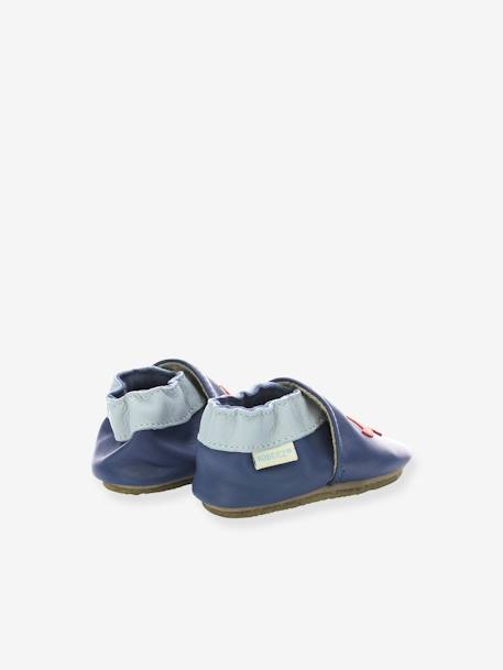 Pram Shoes in Soft Leather for Babies, Dino Time by ROBEEZ© BLUE DARK SOLID WITH DESIGN 