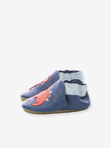 Pram Shoes in Soft Leather for Babies, Dino Time by ROBEEZ© BLUE DARK SOLID WITH DESIGN 