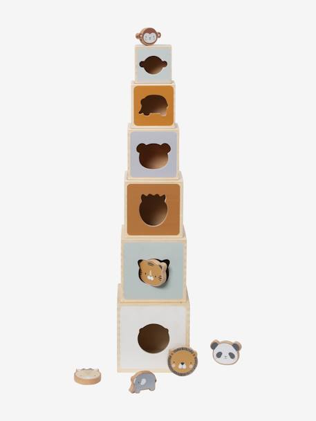 Cube Tower with Shape Sorter in FSC® Wood BEIGE MEDIUM SOLID WITH DECOR+Forest Friends+Forest Friends 