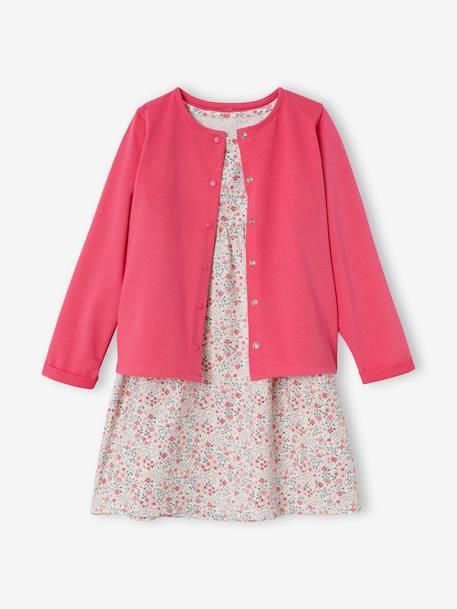 Dress + Jacket Outfit, for Girls BLUE MEDIUM SOLID+emerald green+mauve+WHITE LIGHT ALL OVER PRINTED 