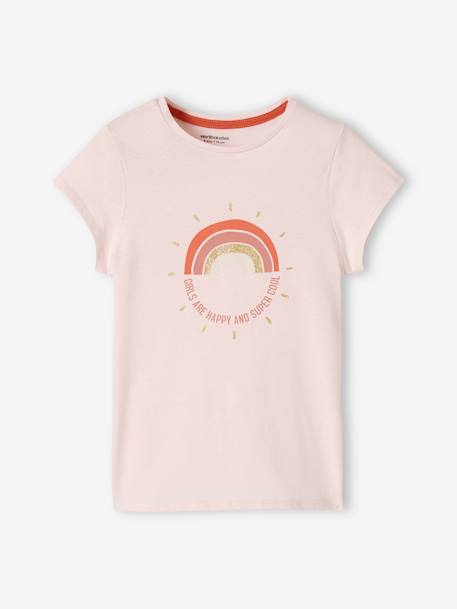 Pack of 3 Assorted T-shirts, Iridescent Details for Girls BROWN LIGHT SOLID WITH DESIGN+navy blue+pastel yellow+raspberry pink+sage green 